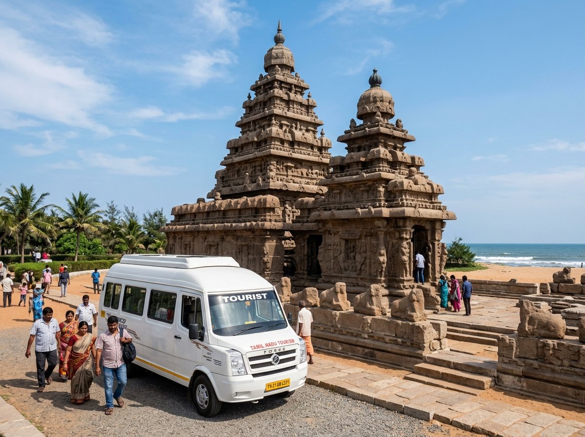 SPS Tempo Traveller in front of Temple